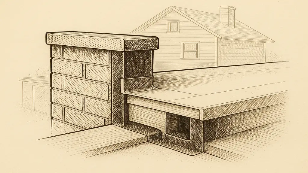 Cutaway section through a one-storey low-slope rear extension where its roof meets
                  a masonry party wall: wood deck boards over joists, a membrane laid across the
                  deck and turned up the face of the wall as base flashing, a coping running along
                  the top of the parapet and overhanging both faces, and a rectangular scupper
                  opening cut through the parapet at deck level.