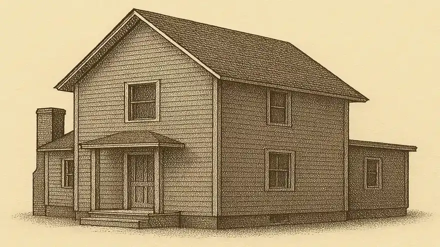 A two-storey wood-framed house seen three-quarters from the front left at eye
                  level, drawn complete and at uniform line density: front gable to the street,
                  shallow eave overhang, asphalt shingle covering on both visible pitched planes,
                  a brick chimney on one side, and a one-storey flat-roofed rear extension running
                  back from the main block.