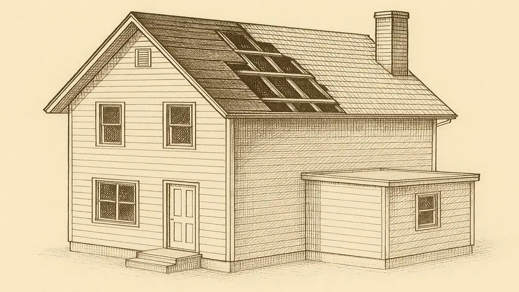 Three-quarter view from the front left of a two-storey wood-framed house with
                  the shingle covering stripped away over part of the front roof plane. The
                  stripped area exposes the sheathing boards, and where those are lifted the
                  rafters beneath them can be seen, so covering, sheathing and rafters read as
                  three separate layers. The rest of the plane still carries its shingle courses.
                  A low-slope rear extension and a brick chimney are visible.