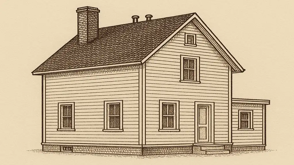 Three-quarter view from the front left of a two-storey wood-framed house with a
                  front gable, showing the full front roof plane. A brick chimney rises through the
                  plane on one side, a vent stack penetrates it, and a cross gable meets it at
                  right angles, leaving one uninterrupted area of shingles between them.