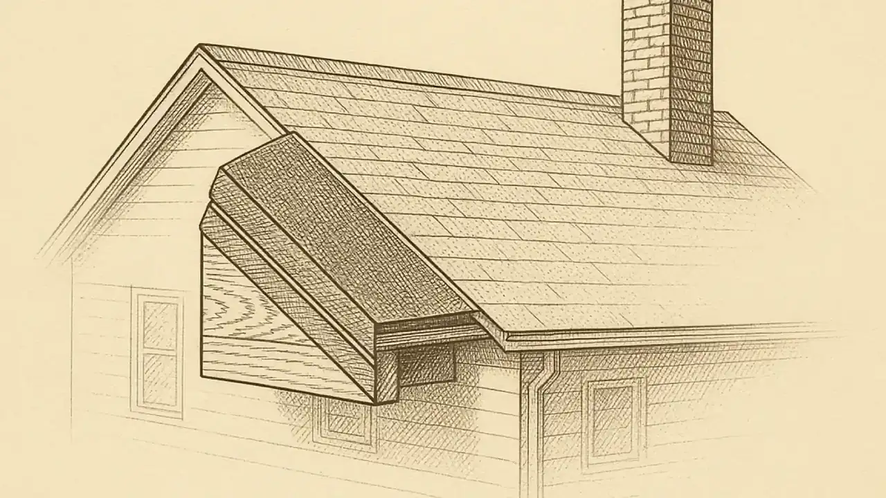 Cut-away wedge lifted out of the shingled roof plane of a two-storey house.
                  The wedge exposes a hatched cut face in which stacked applications of asphalt
                  shingle covering sit one on another above the wood roof deck, with the deck
                  boards and the framing below them drawn at the same cut. The gable wall and
                  the rest of the roof are drawn in light outline.