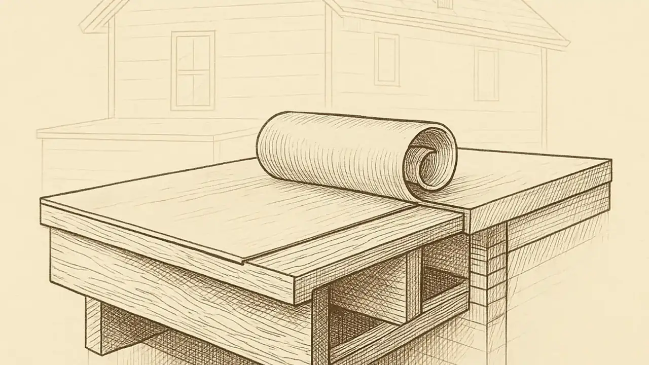 Cutaway section through the junction of a one-storey low-slope rear extension
                  of a house: sawn wood deck boards spanning wood joists, the open bays between
                  the joists visible where the deck is cut away, and a roll of membrane lying
                  partly unrolled across the boards.