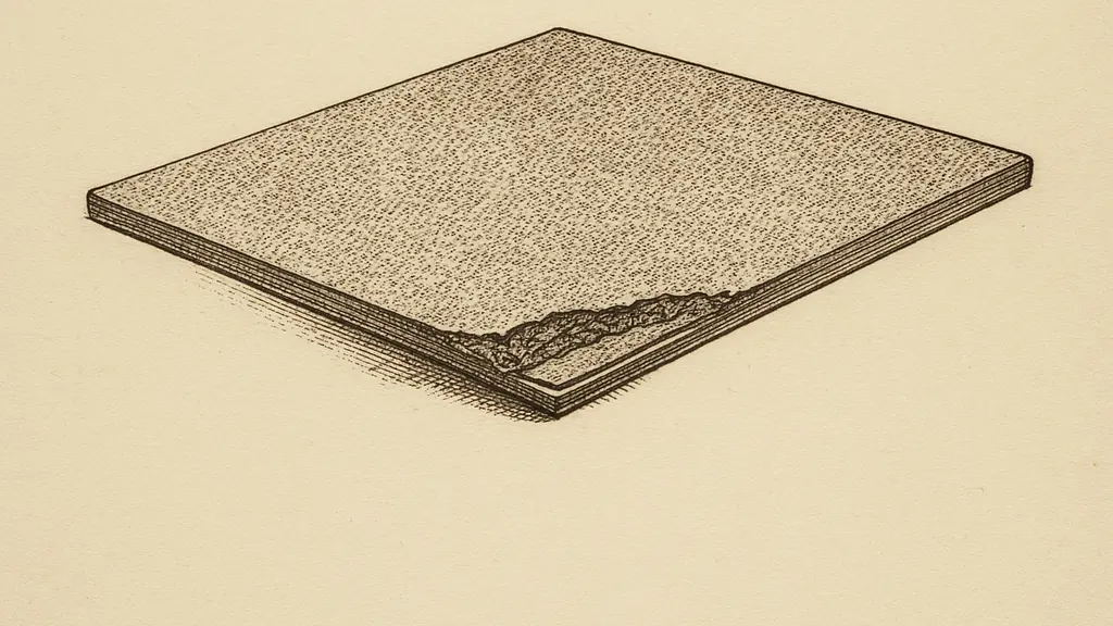 A single asphalt strip shingle tab lying flat, drawn at large scale. The
                  granule-covered face fills most of the drawing. At one edge the tab is torn open
                  in cross-section, showing the granule layer, the asphalt-coated reinforcing mat
                  beneath it, and a band of factory-applied sealant set back from the exposed
                  edge.